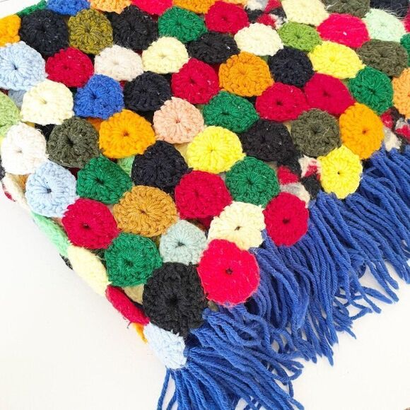 Vintage Afghan Blanket 55 x 36.5 Yo-Yo Puff Fringe Rainbow Colored Crochet Throw - Picture 6 of 10